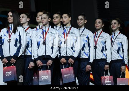 Baku, Azerbaigian. 18th maggio, 2023. Israel Bronze Medal Team durante i Campionati europei di Ginnastica ritmica - Senior Groups, Ginnastica a Baku, Azerbaigian, Maggio 18 2023 Credit: Independent Photo Agency/Alamy Live News Foto Stock