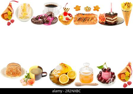 Set di dessert isolati su sfondo bianco. Collage. C'è spazio per il testo. Foto Stock