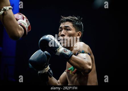 Muay Thai boxer visto durante una lotta, allo stadio Bangkokís Rajadamnern. Muay Thai combatte presso l'iconico stadio di boxe Rajadamnern della Thailandia, il palcoscenico da sogno per i concorrenti ed è preferito per gli sport di combattimento in tutto il mondo. Foto Stock