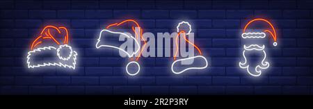 Babbo Natale cappelli, baffi e barba insegne al neon Illustrazione Vettoriale