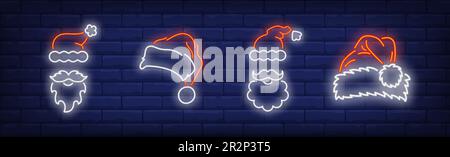 Cappelli di Babbo Natale, baffi e barbe al neon insegne set Illustrazione Vettoriale