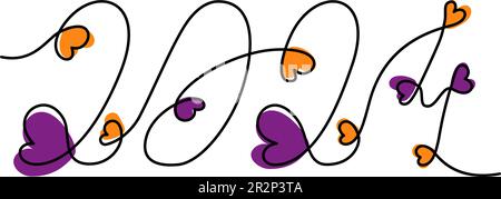 2024 scritte a mano in una linea continua con cuori in tonalità di Halloween alla moda. Linea art. Isolare. Design per poster, banner, brochure, biglietti di auguri o di invito, prezzo, etichetta o web. Vettore. EPS Illustrazione Vettoriale
