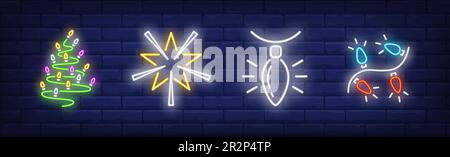Set di segni natalizi al neon Illustrazione Vettoriale