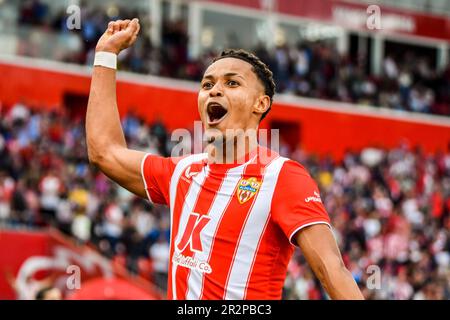 20 maggio 2023: ALMERIA, SPAGNA - 20 MAGGIO: Vinicius Lazaro di UD Almeria celebra il suo gol durante la partita tra UD Almeria e RCD Mallorca di la Liga Santander il 20 maggio 2023 allo stadio PowerHorse di Almeria, Spagna. (Credit Image: © Samuel CarreÃ±o/PX Imagens via ZUMA Press Wire) SOLO PER USO EDITORIALE! Non per USO commerciale! Foto Stock