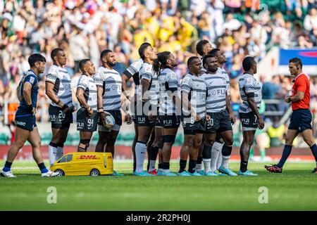 LONDRA, REGNO UNITO. 20th maggio 2023. La squadra delle Fiji durante le Fiji 7s vs Giappone 7s - Serie mondiale di rugby Sevens HSBC da uomo al Twickenham Stadium sabato 20 maggio 2023. LONDRA INGHILTERRA. Credit: Taka G Wu/Alamy Live News Foto Stock