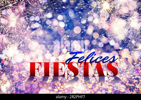 Felices Fiestas. Biglietto di auguri festivo con auguri di buon Natale in spagnolo su sfondo luminoso Foto Stock