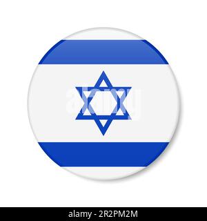 Icona del pulsante cerchio Israele. Bandiera israeliana con badge rotondo e ombra. 3D rappresentazione realistica del vettore isolato su bianco. Illustrazione Vettoriale