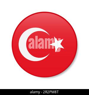 Icona del pulsante cerchio Turchia. Bandiera a bandiera turca con badge rotondo e ombra. 3D rappresentazione realistica del vettore isolato su bianco. Illustrazione Vettoriale
