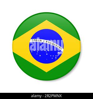 Icona del pulsante cerchio Brasile. Badge a bandiera a forma di round brasiliano con ombra. 3D rappresentazione realistica del vettore isolato su bianco. Illustrazione Vettoriale