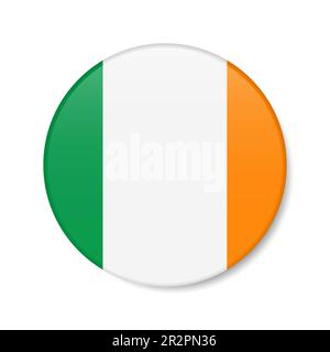 Icona del pulsante circolare Irlanda. Bandiera irlandese con badge rotondo e ombra. 3D rappresentazione realistica del vettore isolato su bianco. Illustrazione Vettoriale