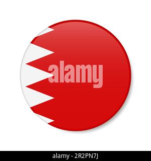 Icona del pulsante cerchio Bahrain. Badge a bandiera Bahraini rotondo con ombra. 3D rappresentazione realistica del vettore isolato su bianco. Illustrazione Vettoriale