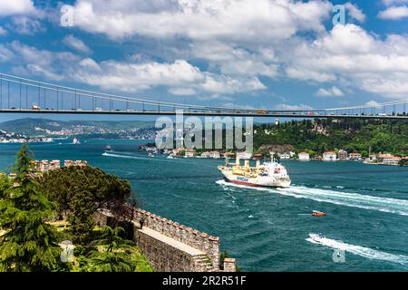 Fatih Sultan Mehmet Bridge, e la fortezza di Rumeli, stretto del Bosforo dal lato europeo, Istanbul, Sarıyer, Turchia Foto Stock