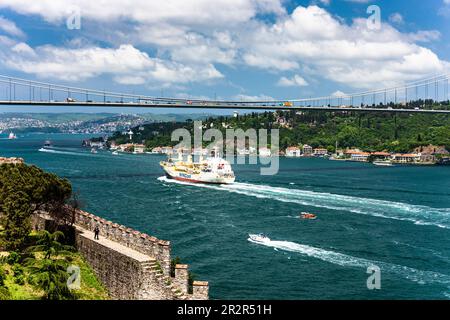 Fatih Sultan Mehmet Bridge, e la fortezza di Rumeli, stretto del Bosforo dal lato europeo, Istanbul, Sarıyer, Turchia Foto Stock
