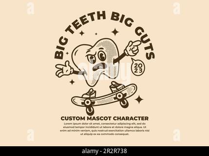 Mascotte vintage personaggio design di salto dente su skateboard Illustrazione Vettoriale