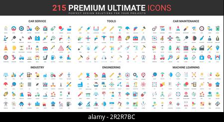 Le icone piatte a colori del settore impostano l'illustrazione vettoriale. Simboli astratti degli strumenti e delle attrezzature per l'ingegneria e il servizio di manutenzione delle auto, apprendimento automatico Design semplice per applicazioni web e mobili Illustrazione Vettoriale