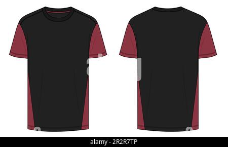 T shirt tecnica Moda disegno piano disegno vettoriale modello vista anteriore e posteriore. Illustrazione Vettoriale
