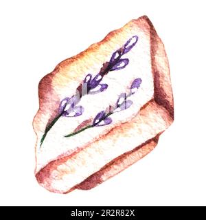 Acquerello pezzo di cioccolato bianco con rametti di lavanda isolato su bianco. Illustrazione acquerello isolato per il logo design, pasticceria, panettiere, me Foto Stock