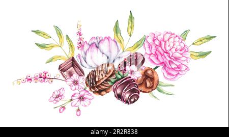 Fragole al cioccolato, biscotti, cioccolato, fiori su sfondo bianco. Composizione acquerello isolata per logo design, pasticceria, panettiere, m Foto Stock