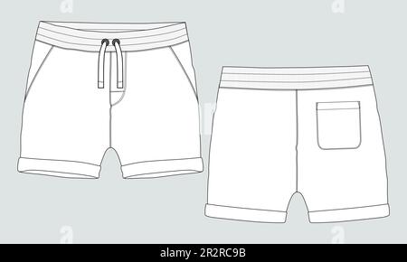 Sudore Shorts Pant disegno tecnico moda disegno piano disegno vettore Illustrazione modello anteriore e posteriore viste. Illustrazione Vettoriale