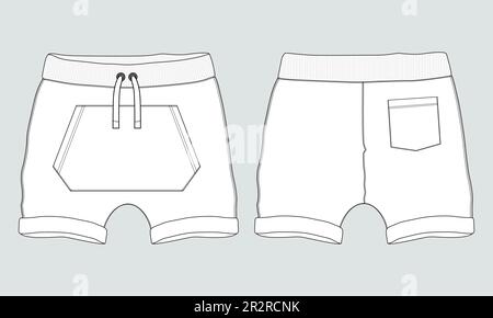 Sudore Shorts Pant disegno tecnico moda disegno piano disegno vettore Illustrazione modello anteriore e posteriore viste. Illustrazione Vettoriale