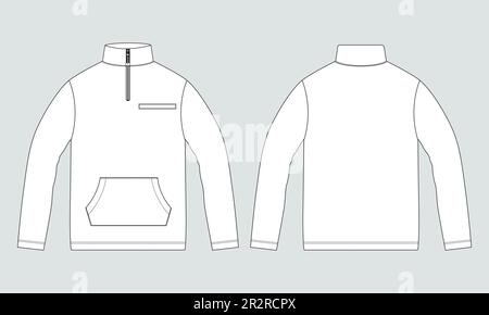 Zip a manica lunga con tute tascabili giacca felpa tecnica moda piatto disegno vettoriale modello di illustrazione vista anteriore e posteriore. Illustrazione Vettoriale