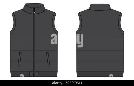 Gilet in maglia felpa felpa in pile disegno tecnico disegno piatto disegno vettoriale disegno frontale e posteriore vista frontale isolata su sfondo grigio Illustrazione Vettoriale