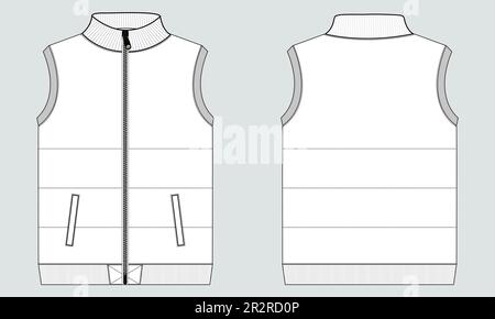 Gilet in maglia felpa felpa in pile disegno tecnico disegno piatto disegno vettoriale disegno frontale e posteriore vista frontale isolata su sfondo grigio Illustrazione Vettoriale