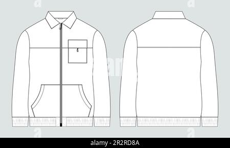 Giacca a maniche lunghe con tasca e zip tecnica moda disegno piano disegno vettoriale modello vista frontale e posteriore. Felpa in Jersey di pile Illustrazione Vettoriale