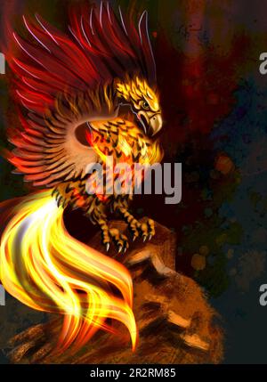 Illustrazione digitale - un mitico uccello Phoenix, rinasce dal fuoco e coperto da fiamme. Foto Stock