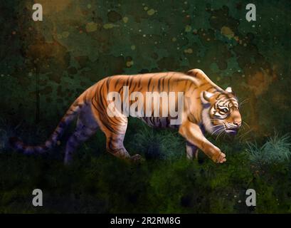 Illustrazione digitale - una tigre arancione brillante che cammina nelle giungle scure Foto Stock