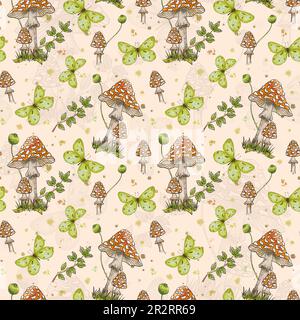 Acquerello senza cuciture a fungo. Illustrazione di funghi, funghi amanita, piante forestali e una farfalla Foto Stock