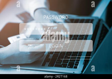 Password di sicurezza accesso online Concept mani digitando e inserendo nome utente e password dei social media, accedi con smartphone a una banca online Foto Stock