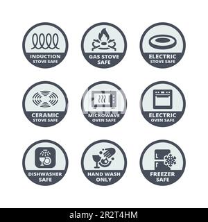 Set di etichette per stufa elettrica, a gas e a induzione. Lavastoviglie, forno a microonde, etichette elettriche per pentole, padelle e piatti. Illustrazione Vettoriale