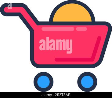 Carrello della spesa su ruote pieno di acquisti. Trasporto di consegna e ordinazione di merci nei negozi online. Servizio aggiuntivo per l'acquirente. Semplice ca Illustrazione Vettoriale