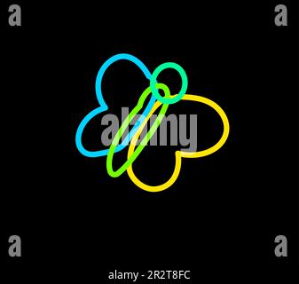 Farfalla estiva declamata a mano con penne al neon con punta in feltro luminoso su sfondo nero scuro. Icona di festa per il disegno della scheda o dell'invito. Doodl Illustrazione Vettoriale