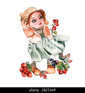 Acquerello GNOME di ragazza autunnale disegnato a mano e flwer autunnale. Illustrazione dell'autunno disegnata a mano. Perfetto per scrapbooking, design per bambini, inviti di nozze Foto Stock