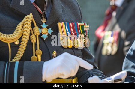 Woodhall Spa, Regno Unito. 21st maggio, 2023. I veterani e i membri di 617 Squadron e della Royal Air Force partecipano ad un servizio di commemorazione per il 80th° anniversario del RAID dei Dambusters ai memoriali di Woodhall Spa Lincolnshire (Photo by Lisa Harding/News Images) a Woodhall Spa, Regno Unito, il 5/21/2023. (Foto di Lisa Harding/News Images/Sipa USA) Credit: Sipa USA/Alamy Live News Foto Stock