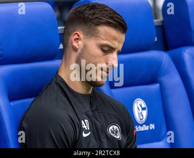 Sports, football, Bundesliga, 2022/2023, FC Schalke 04 vs. SG Eintracht Frankfurt 2-2, Veltins Arena Gelsenkirchen, giocatore in stand-by in panchina, custode Ramaj Diant (SGE), le NORMATIVE DFL VIETANO QUALSIASI USO DI FOTOGRAFIE COME SEQUENZE DI IMMAGINI E/O QUASI-VIDEO Foto Stock