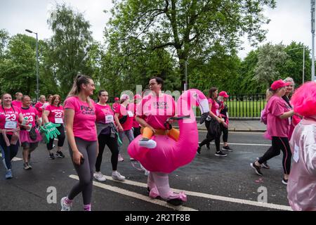 Glasgow, Scozia, Regno Unito. 21st maggio, 2023. Fundraisers che partecipano all'evento annuale di beneficenza Race for Life che quest'anno celebra 30 anni. La gara include una scelta di 3k, 5k o 10k corse per le strade della città, a partire e finire a Glasgow Green, per raccogliere fondi a favore della ricerca sul cancro UK. Credit: SKULLY/Alamy Live News Foto Stock