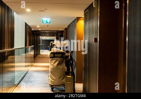 Carrello per le pulizie nel corridoio dell'hotel. Servizio di pulizia del carrello della governante accanto all'ingresso della camera Foto Stock