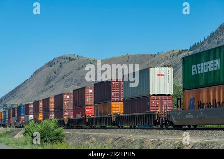 BC, Canada-Agosto 2022; Vista lungo il terrapieno ferroviario con un gran numero di auto in treno riempito di contenitori sullo sfondo di verde mou Foto Stock