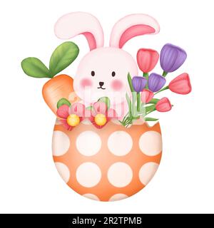 Buon coniglietto di Pasqua carino in uovo di pasqua con fiori primaverili e carota. Illustrazione del giorno di Pasqua in acquerello. Foto Stock