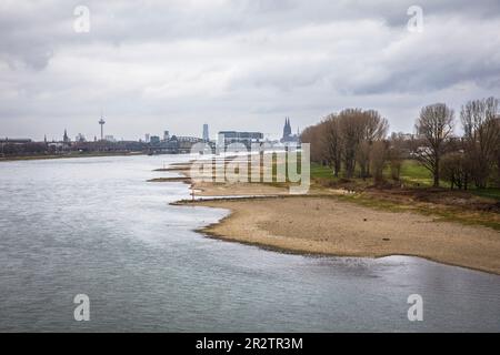 Livello del Reno di 2,12 m il 24 febbraio 2023, le rive del fiume Reno a Colonia-poll, vista sul porto Rheinau e la cattedrale, Colonia, Germania. Foto Stock