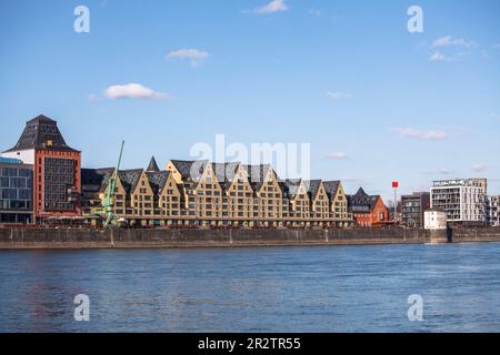 Il porto di Rheinau con l'edificio degli uffici Silo 23, un antico granaio e il vecchio magazzino, ora un esclusivo edificio residenziale, Colonia, in tedesco Foto Stock