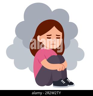 Triste ragazza depressa adolescente seduta sul pavimento che abbraccia le ginocchia con le nuvole intorno. Disegno semplice di cartone animato piatto. cli vettore di depressione e salute mentale Illustrazione Vettoriale