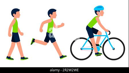 Uomo figura camminare, correre e andare in bicicletta. Livello di fitness e attività cardio. Semplice set di illustrazioni vettoriali in stile cartoon piano. Illustrazione Vettoriale