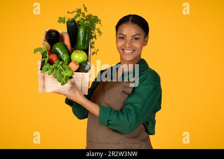 Donna nera che mostra Harvest Holding Box con verdure, Studio Shot Foto Stock