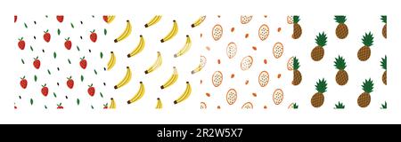Set di motivi senza cuciture con frutti tropicali. Stampa colorata e trendy per tessuti e texture. Illustrazione Vettoriale