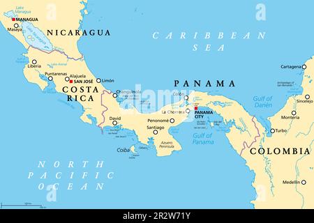 Costa Rica e Panama, mappa politica, con Istmo di Panama e Darien Gap. Stretta striscia di terra e regione tra il Mar dei Caraibi e l'Oceano Pacifico. Foto Stock