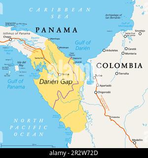 Darien Gap, mappa politica. Regione geografica dell'Istmo di Panama, che collega il Nord e il Sud America con l'America Centrale. Panamericana. Foto Stock